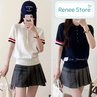 Áo len polo cộc tay viền màu xanh đỏ, áo len mỏng thom tổ ong Renee Store - AL2185