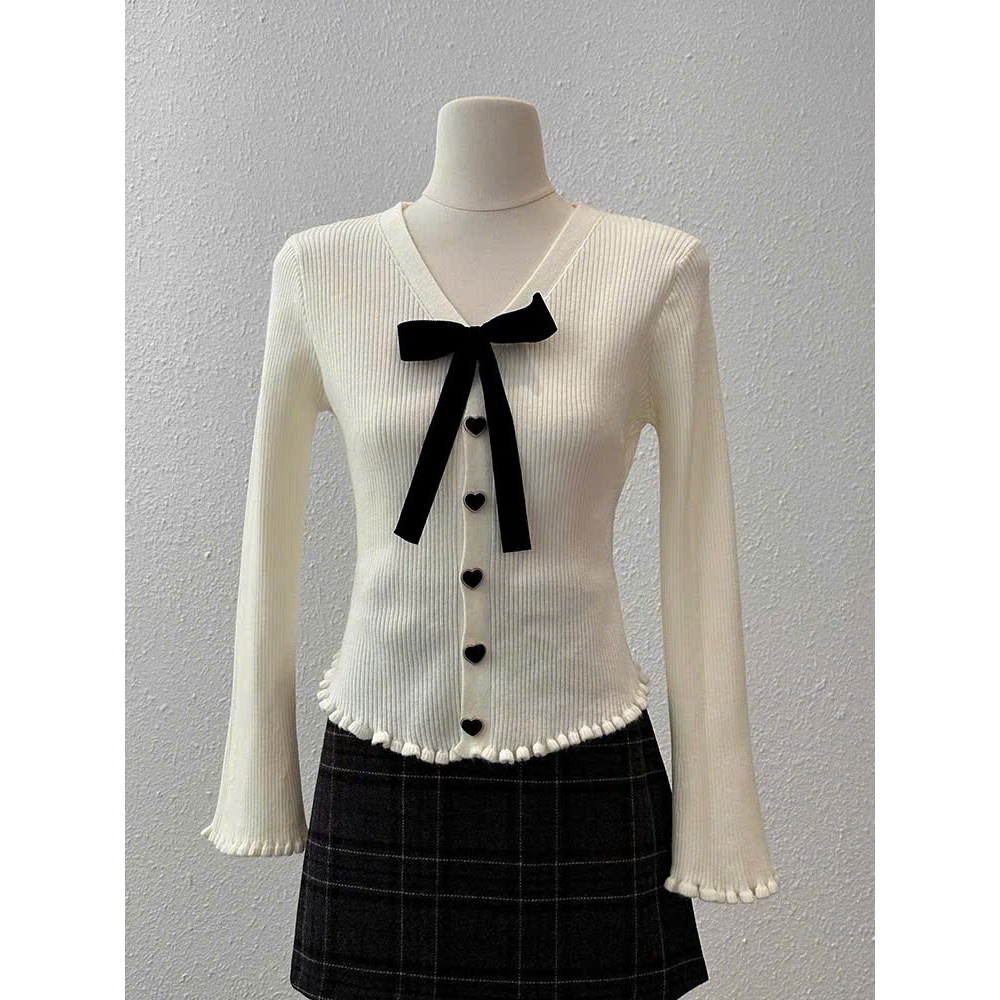 Áo Len Dài Tăm Dài Tay, Áo Cổ V Vạt Bầu Đính Nơ Áo Kiểu Nữ Diện Siêu Xinh