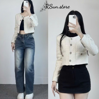  Áo khoác dạ Tweed dáng croptop đính khuy bigsize RSun Áo dạ nữ cổ tròn dài tay 2 lớp 354 