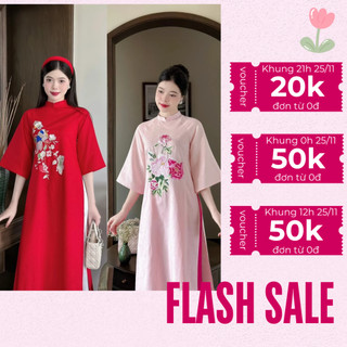 Áo dài cách tân nữ cao cấp, áo dài cổ tàu tay lỡ chất liệu Linen thêu hoa nhiều màu đủ size - Áo dài Mộc Lâm AD60.1