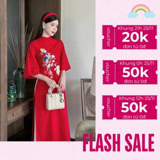 Áo dài cách tân nữ Mộc Lâm áo dài truyền thống màu đỏ tươi cổ tàu tay lỡ chất liệu Linen thêu hoa cao cấp đủ size AD61
