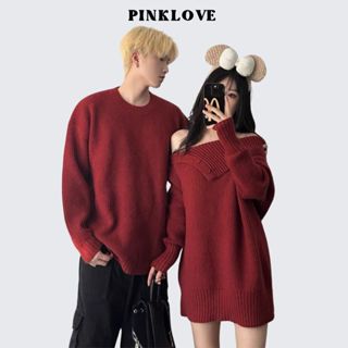  Set đồ đôi nam nữ mùa đông PINKLOVE áo len nam dài tay đầm nữ dáng  ngắn trễ vai màu đỏ P233 