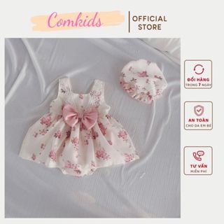 Body Váy Hoa Nhí Hồng Nền Kem Kèm Mũ Chất Mát Cho Bé Gái Sơ Sinh Mặc Đầy Tháng, Thôi Nôi