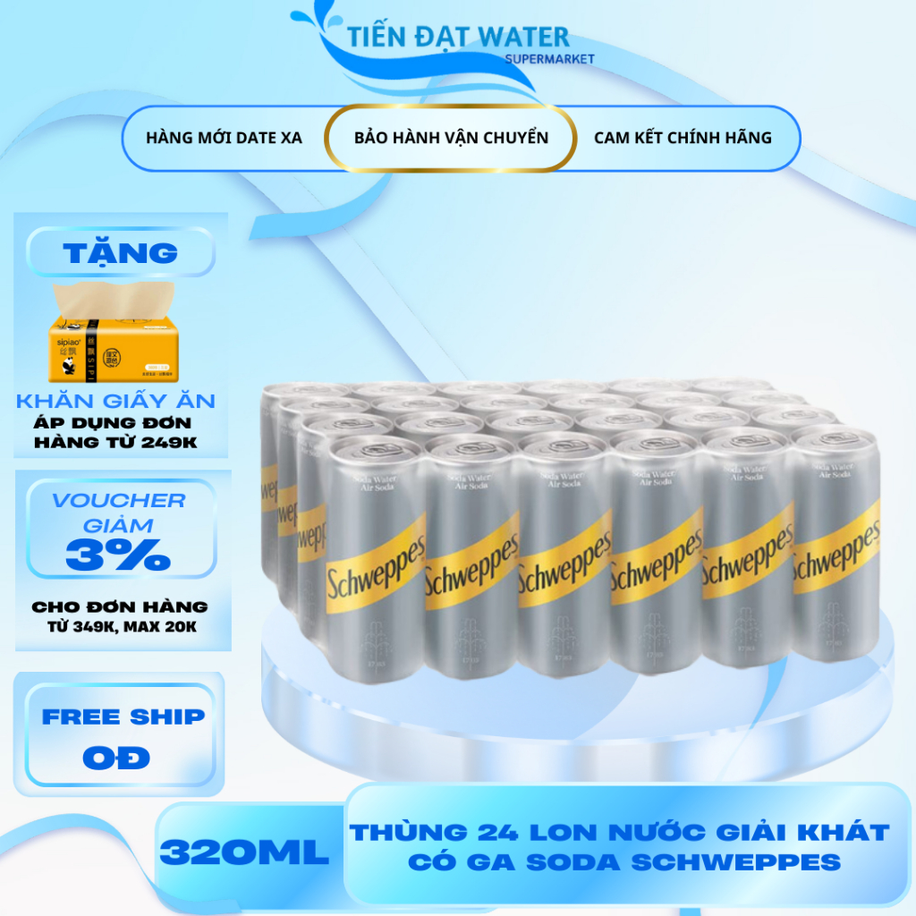 Thùng 24 Lon Nước Giải khát Không Đường Có Ga Soda Schweppes, Nguyên Liệu Pha Chế Soda Lon Pet 320ml