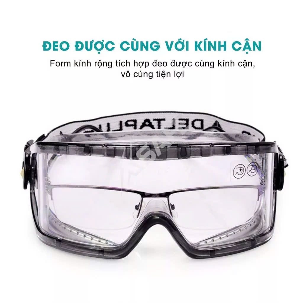 Kính bảo hộ chống hóa chất Deltaplus Galeras (đeo được cùng kính cận, dây đeo co giãn)