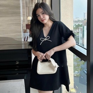 Đầm Dạ Babydoll Nơ Đính Đá, Đầm Suông Tiểu Thư Chất Dạ Cổ Chữ V Nơ Đá - Lazy Có Bigsize Nữ Women Màu Hồng