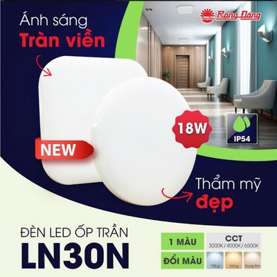 Đèn LED ốp trần LN30 18W Rạng Đông, đế nhựa, ánh sáng tràn viền, bảo vệ chống nước & côn trùng IP54