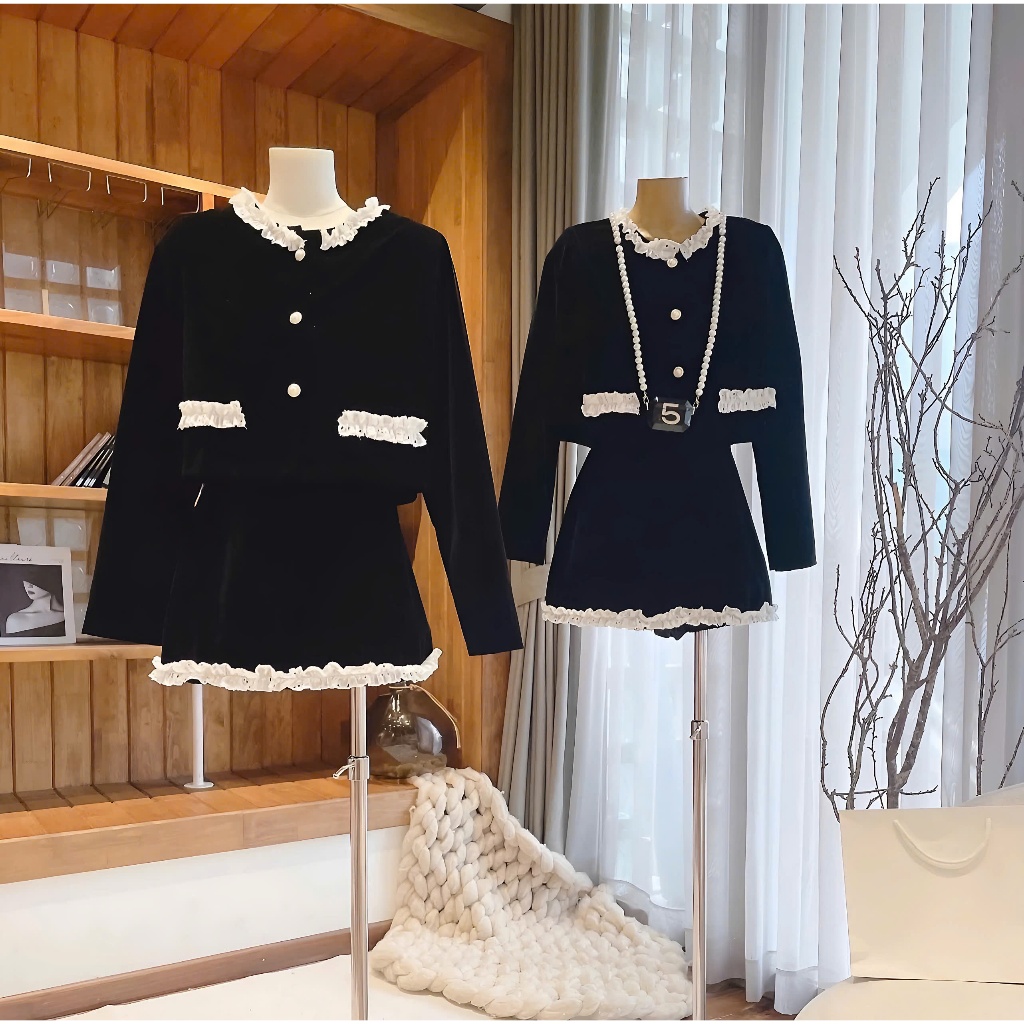 Set Nhung 2 Món Gồm Áo Khoác Nhung Phối Viền Bèo + Chân Váy Chữ A Bèo Gấu Có Quần Trong | BigBuy360 - bigbuy360.vn