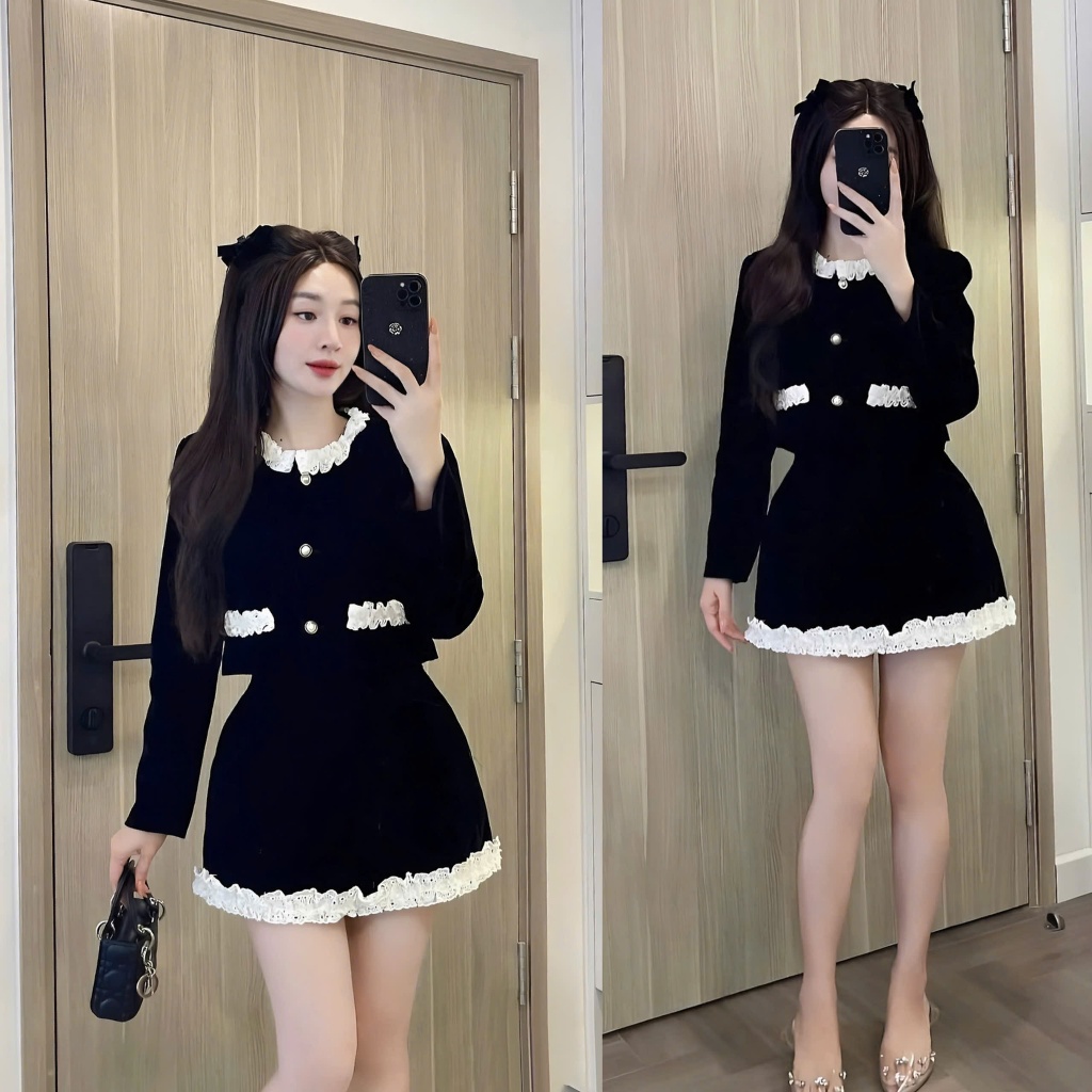 Set Nhung 2 Món Gồm Áo Khoác Nhung Phối Viền Bèo + Chân Váy Chữ A Bèo Gấu Có Quần Trong | BigBuy360 - bigbuy360.vn