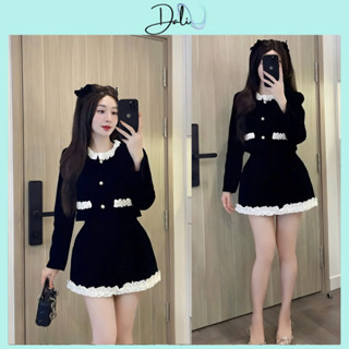  Set Nhung 2 Món Gồm Áo Khoác Nhung Phối Viền Bèo + Chân Váy Chữ A Bèo Gấu Có Quần Trong 