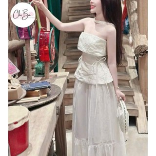  Set váy nữ thiết kế đi tiệc sang trọng áo chất gấm cup peplum có mút đan dây eo dây choàng cổ + Chân váy maxi voan tơ 2L 