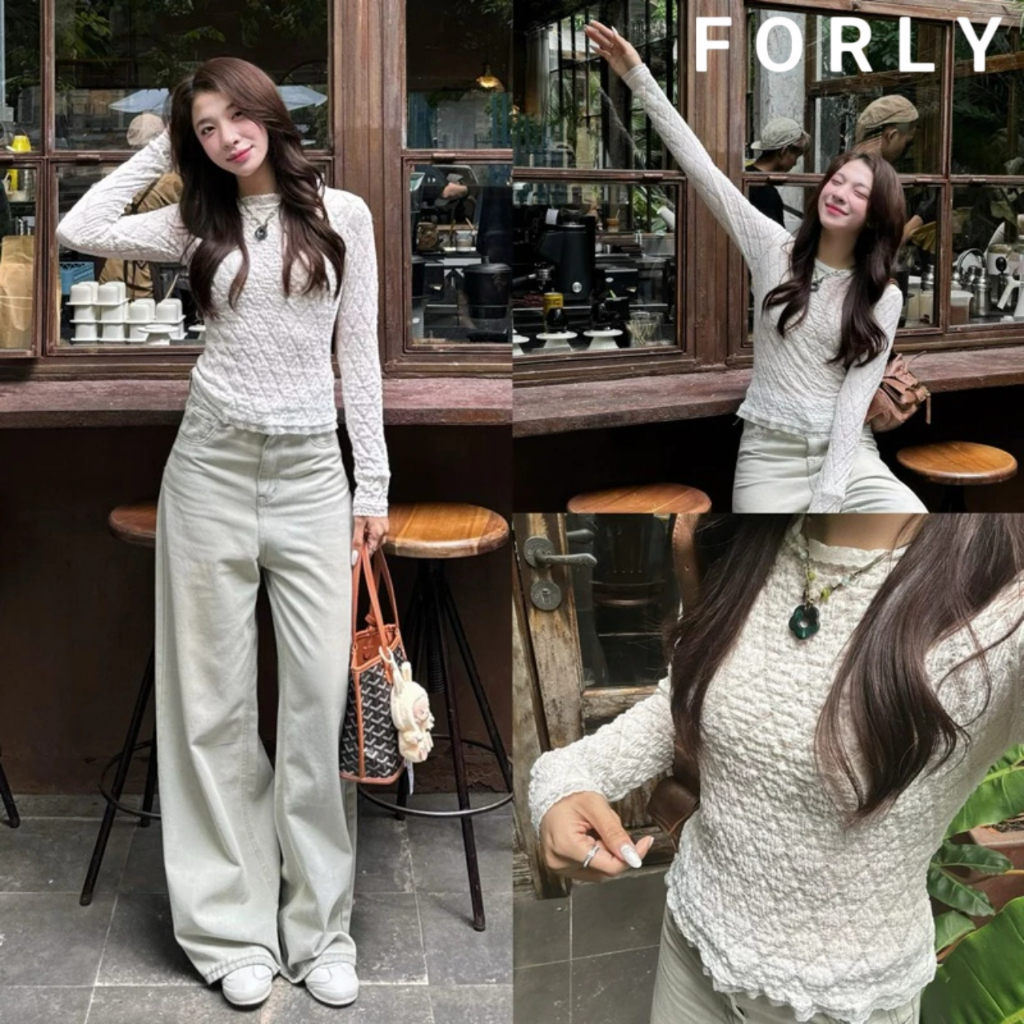 Áo Ren Mỏng Nhẹ Chất Liệu Thun Xốp  Forly Offical Áo Ren Dài Tay Phối Hoạ Tiết Trám T092