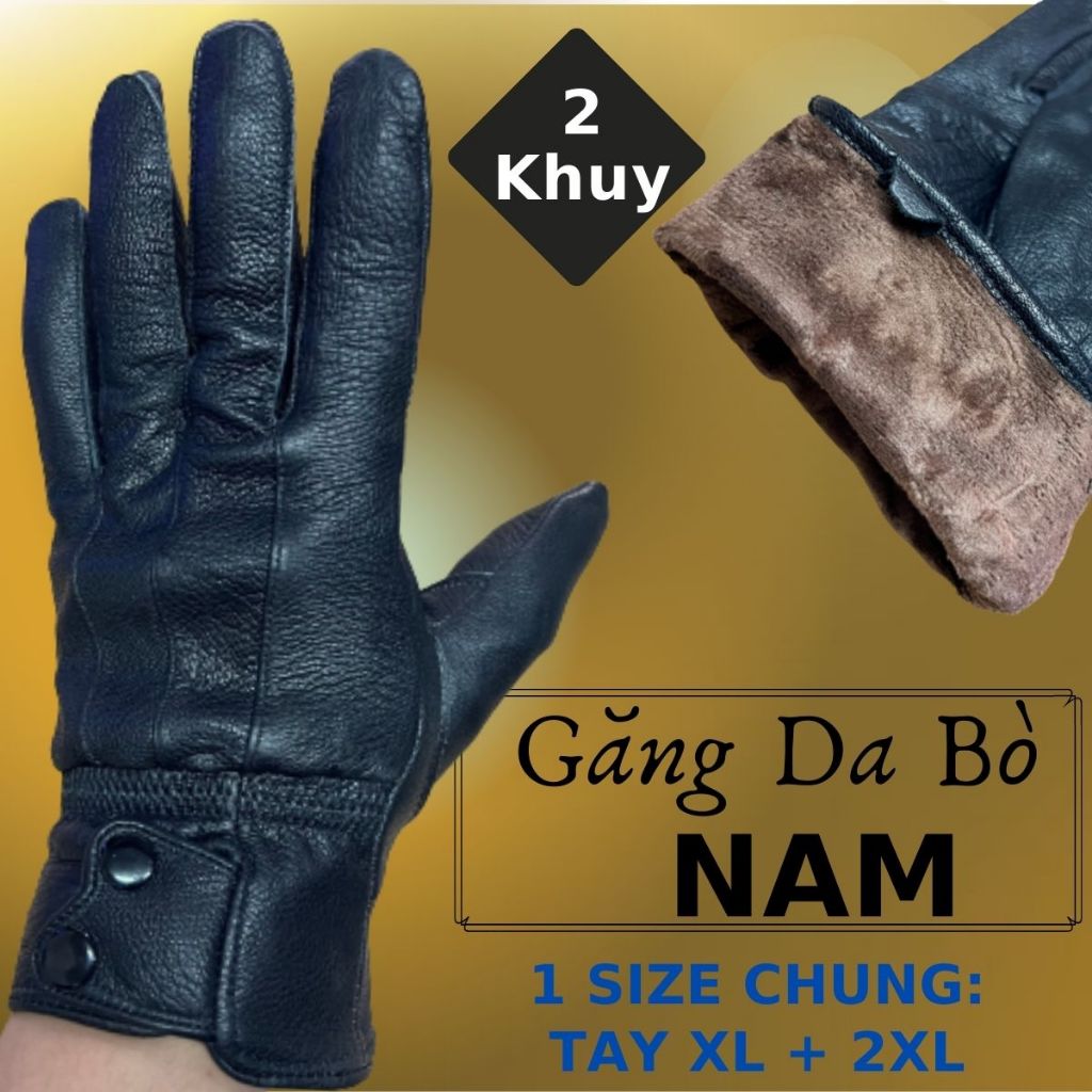 Găng Tay Da Bò Cài 2 Khuy Nam Màu Đen Đi Mưa Thoải Mái, Dễ Lái Xe - Không Bong, Không Nổ - Bảo Hành Da Thật 5 Năm