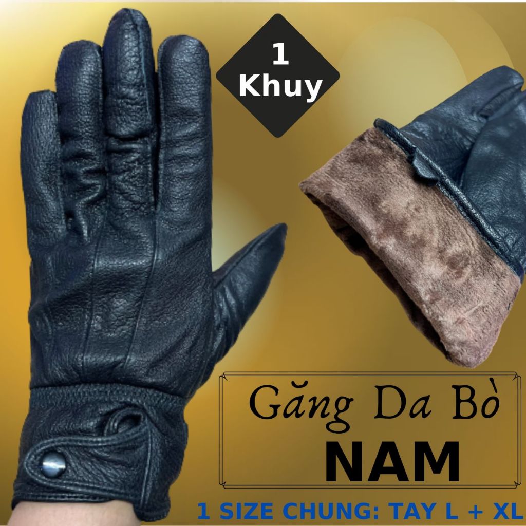 Găng Tay Da Bò 1 Khuy Nam Màu Đen - Bảo Hành Da Thật 5 Năm - Không Bong Nổ  - Đi Mưa Thoải Mái, Dễ Lái Xe