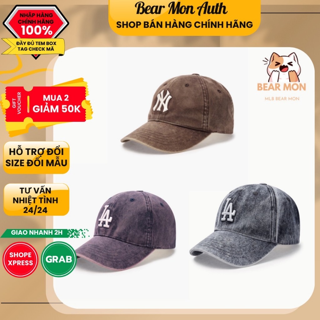 Mũ Lưỡi Trai MLB Heavy Washed Unstructured Ball Cap LA Dodgers NY Màu Đen / Nâu / Tím 3ACPVV45N