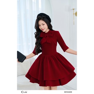 Đầm nhung đỏ dáng xòe phối cổ nơ Orchid - BD12A638