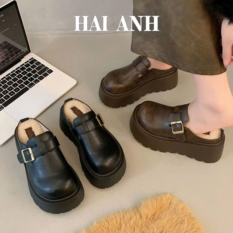Dép Sục Da Pu Khuy Cài Mềm Cao 7cm Lót Lông Mềm Mại Mũi Tròn Đế Bánh Mì Sandal Nữ Dép Nữ Đi Mùa Đông- HẢI ANH SHOES
