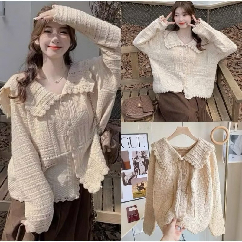Áo Sơ Mi Len Nữ Vintage Cúc Bọc Cổ Sen freesize - Halinh Shop - Áo Len Nữ Quảng Châu L1