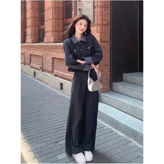 Set đồ thiết kế áo khoác dài tay cổ bẻ viền sơ mi phối quần dài ống rộng cạp cao JU36