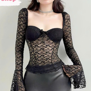 Áo Kiểu Ren Nữ Tay Dài Loe Cổ Vuông Có(mút Ngực),Áo Ren Xuyên Thấu Dáng Dài Tay Loe Ôm Body Sexy Quyến Rũ Meei Shop-a90