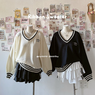 [ SẴN - ẢNH THẬT ] RIBBON SWEATER - ÁO SWEATER LEN CỔ V FORM BOXY THÊU NƠ XINH XẮN