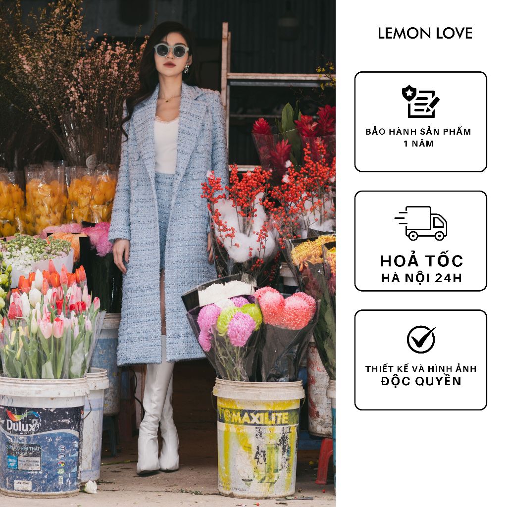 Áo khoác dạ tweed kẻ dáng dài & quần sooc dạ kẻ