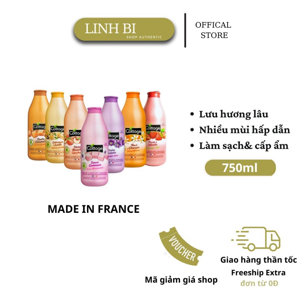 Sữa tắm Cottage dạng gel chính hãng Pháp [Chai 750 ml-Đủ mùi] | LinhBi Shop