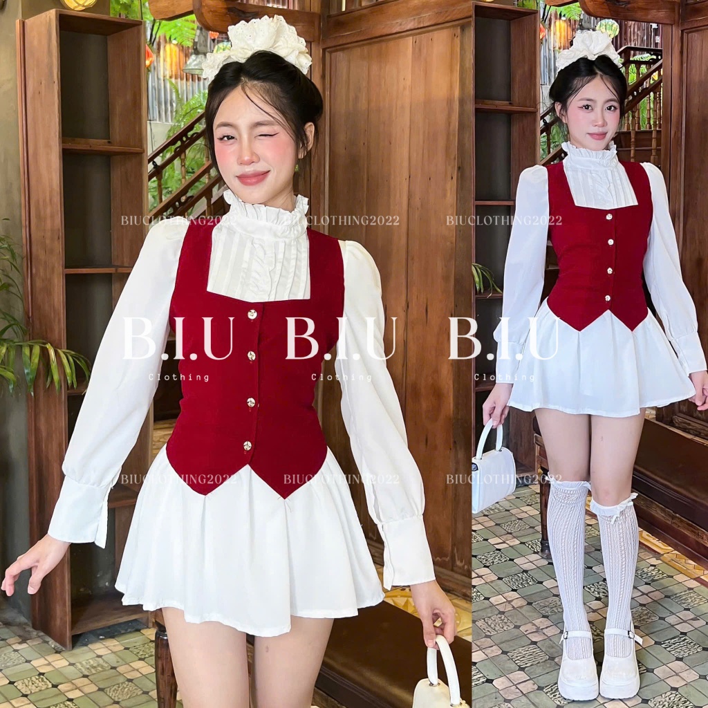 Set đầm sơ mi cổ bèo tay loe phối áo ghi lê nhung đính nút dễ thương xinh yêu thanh lịch Luna Set Bi