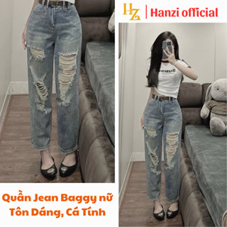 Quần jean baggy nữ lưng cao rách gối cá tính , quần bò jean rách nữ ống đứng co dãn thoải mái S015