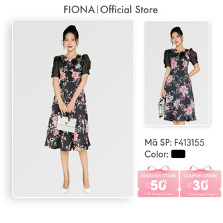  Đâm thiết kế cao cấp FIONA váy công sở nữ hoa hồng dáng xòe cổ tim bèo lệch hoa cài cổ trang trí F413155 