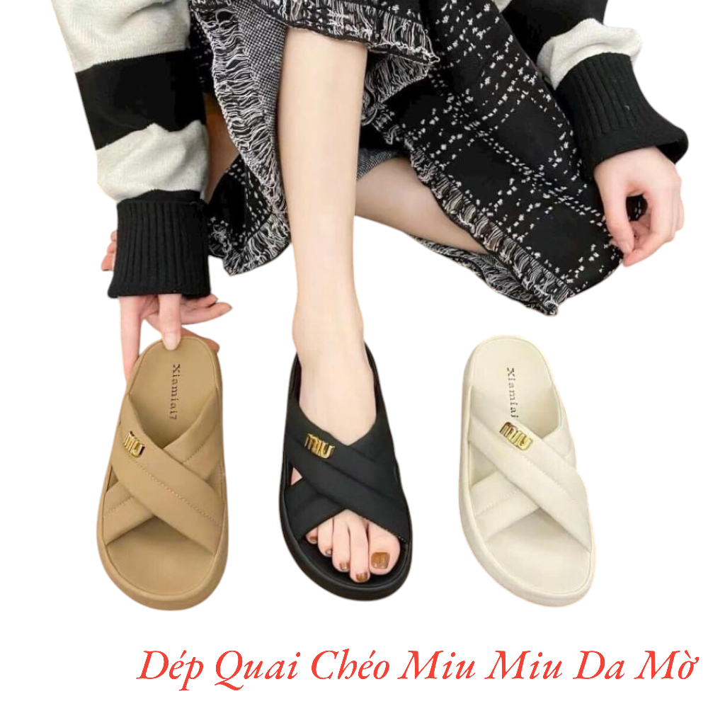 Dép Nữ Quai Chéo Miu Miu May Phồng - Dép Đế Bằng 3P Chống Trượt Cao Cấp 988