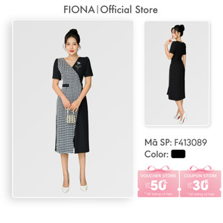 Đầm thiết kế cao cấp FIONA váy công sở nữ dáng suông vạt lệch họa tiết đen trắng trẻ trung F413089