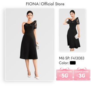 Đầm công sở nữ FIONA váy thiết kế cao cấp cổ V nhọn lá cổ và tay bằng vải oganza họa tiết F413083