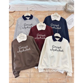   A2286  ÁO NỈ CỔ POLO LÓT LÔNG THÊU CHỮ metwo.dearu - Áo sweater nỉ cổ sơ mi QC phối màu dài tay dày dặn ulzzang HQ 