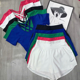Set quần đùi 2 lớp áo croptop đan lưng tập Gym, Chạy bộ, Thể Thao nữ