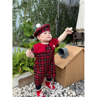Suit kèm mũ cục bông caro đỏ noel tết cho bé(sẵn ship)