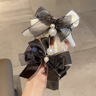 Kẹp tóc càng cua phối nơ trắng đen và ngọc dễ thương phụ kiện tóc cho nữ phong cách tiểu thư xinh xắn