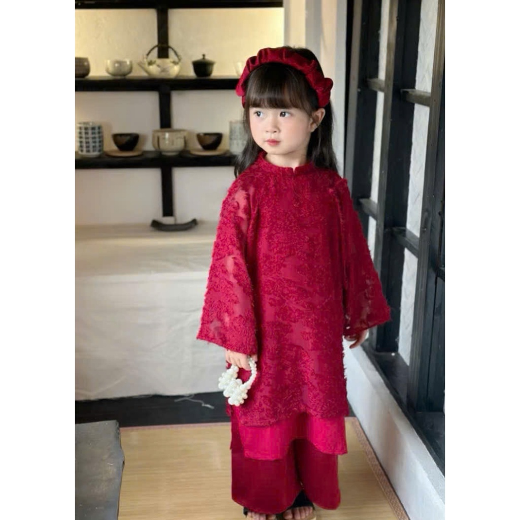 Áo dài ren đỏ kèm bờm bé gái (dưới 130cm)(10-28kg)