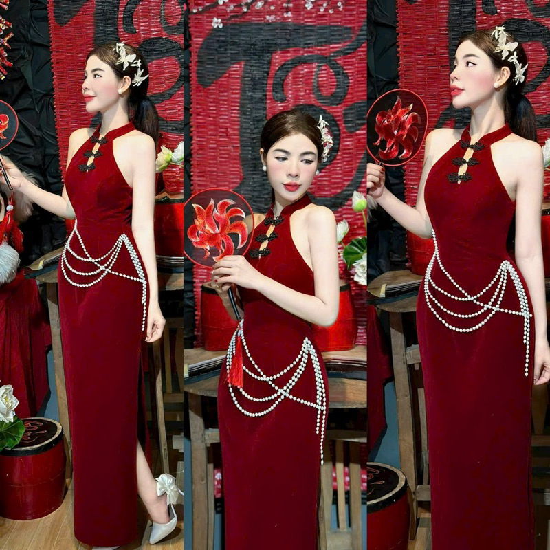 Đầm đỏ cổ tàu nút vuông
