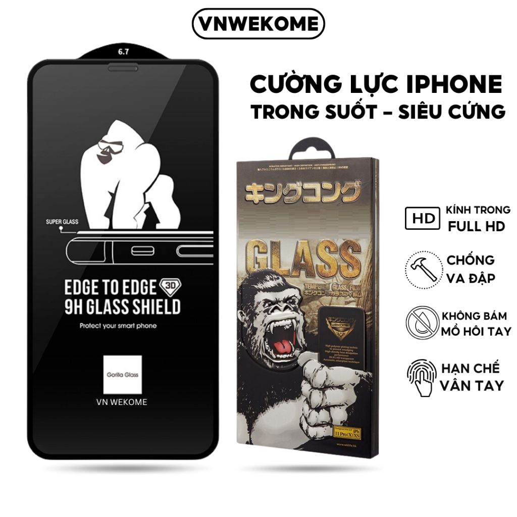 Kính cường lực iPhone 3D VNWEKOME trong suốt dán màn hình ip xr xsmax 11 12 13 14 15 16 pro max