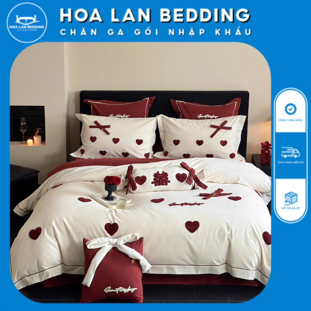Set 4 món chăn ga gối cao cấp họa tiết tim đỏ chất liệu siêu mịn thiết kế trẻ trung lãng mạn