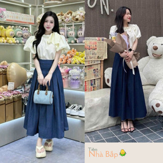 Váy Dự Tiệc - Set Váy Nữ Áo Nude Có Nơ Mix Chân Váy Xanh Midi Siêu Xinh Sang Luôn Tiệm Nhà Bắp