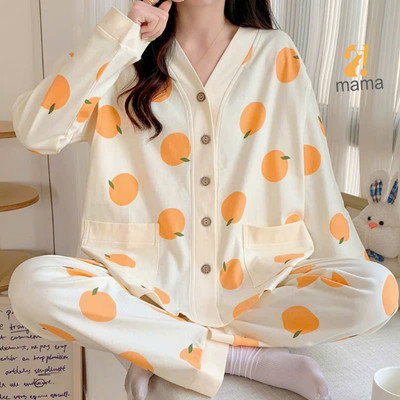 Bộ Pyjama Bầu Mặc Nhà Cotton Quả cam VẠT CHÉO Đồ Bầu Sau Sinh Mở 2 Bên Cho Con Bú Và Quần Chun Chỉnh Bụng, Dài Tay 2mama