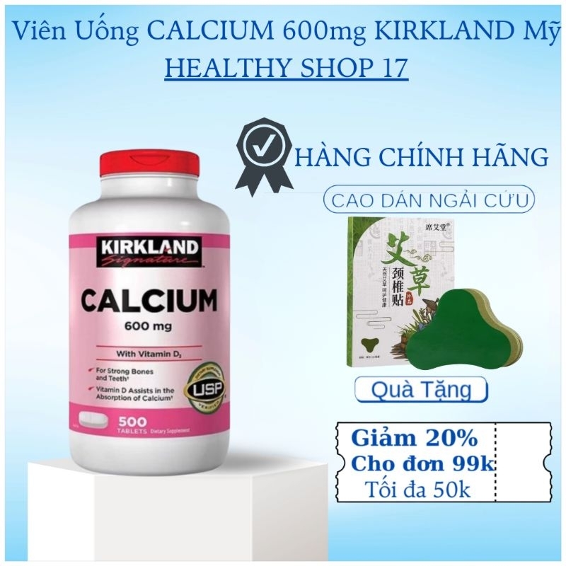 Viên uống calci 600mg mỹ kirkland bổ sung canxi giúp chắc khỏe xương hộp 500 viên