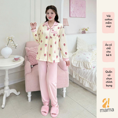Bộ Pyjama Bầu Mặc Nhà Cotton Dâu hồng Đồ Bầu Sau Sinh Mở 2 Bên Cho Con Bú Và Quần Chun Chỉnh Bụng, Dài Tay 2mama