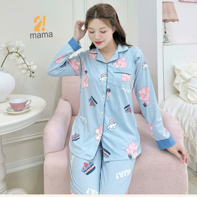 Bộ Pyjama Bầu Mặc Nhà Cotton Lợn xanh Đồ Bầu Sau Sinh Mở 2 Bên Cho Con Bú Và Quần Chun Chỉnh Bụng, Dài Tay 2mama