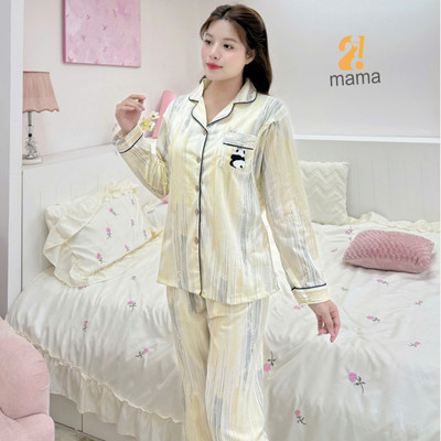 Bộ Pyjama Bầu Mặc Nhà Cotton Sọc vàng Đồ Bầu Sau Sinh Mở 2 Bên Cho Con Bú Và Quần Chun Chỉnh Bụng, Dài Tay 2mama