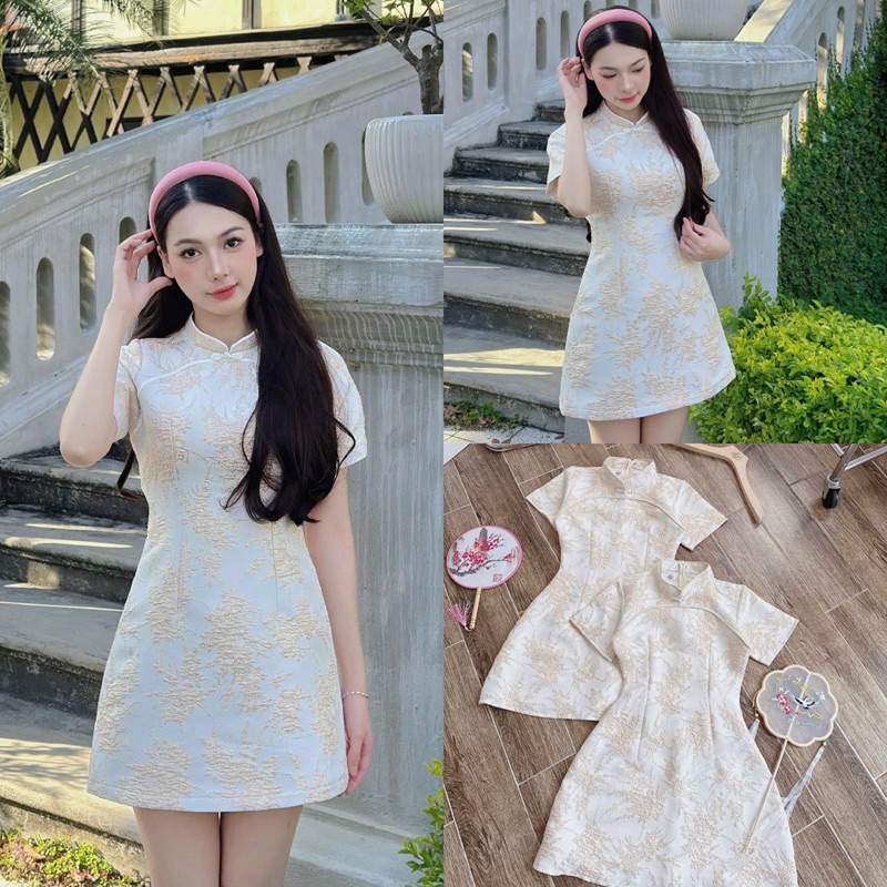 Đầm gấm trắng cổ tàu