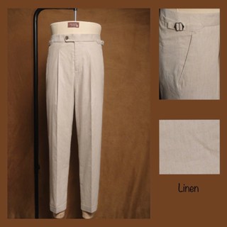 Quần tây side-tab linen đũi nam màu kem be 2 tab cạp cao form suông khóa tăng đơ 2 bên