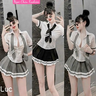 (Dưới 51kg) Set bộ váy nữ áo sơ mi trắng tay ngắn phối viền+chân váy xếp ly viền sọc có lót quần kèm cà vạt